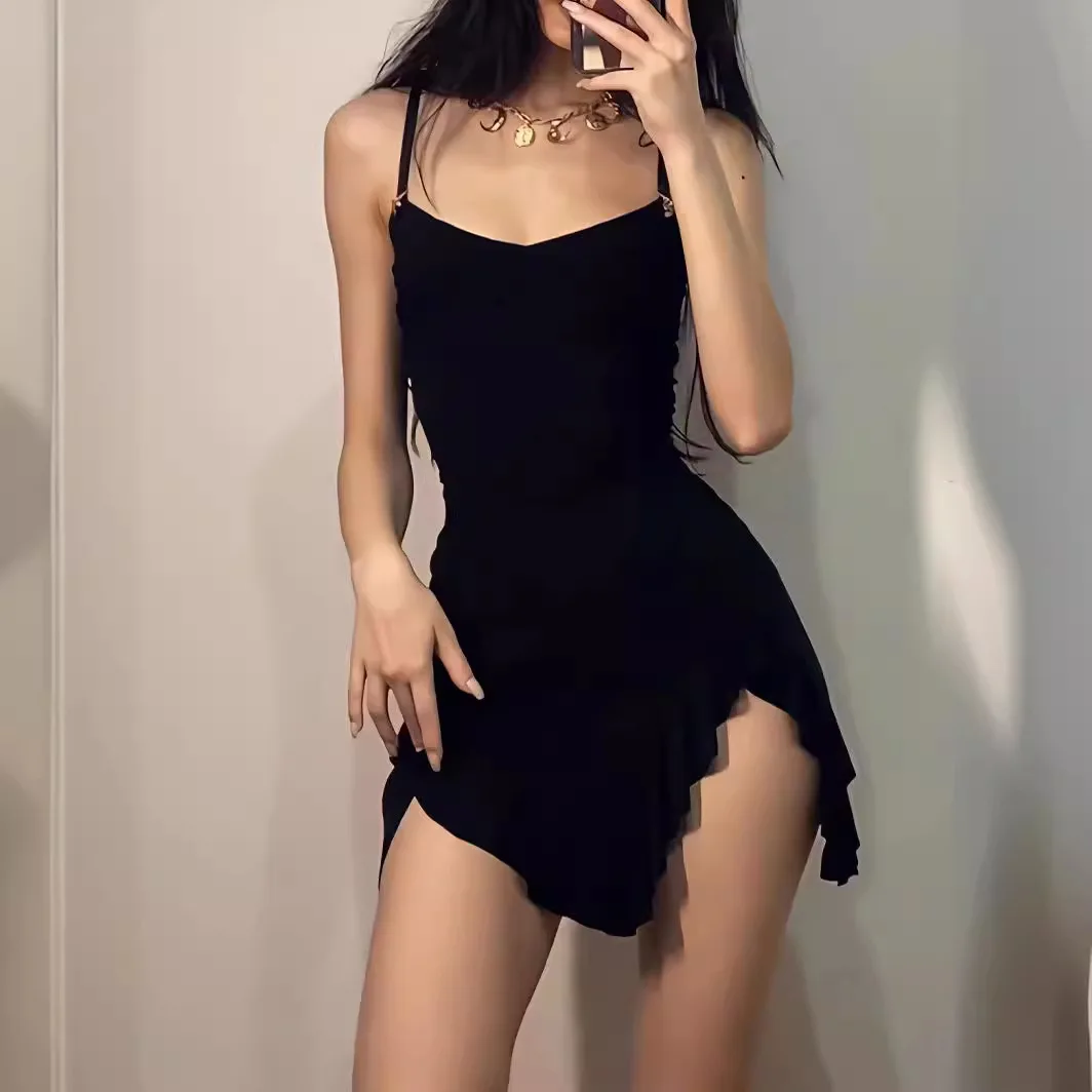 new Women's Clothing American style Dresses spicy girl retro black niche floral slit dress popular hip hugging short skirt dress - Image 2