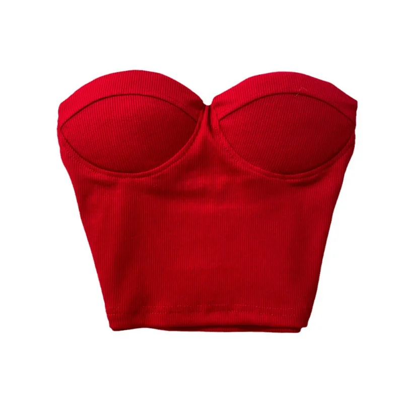 Women's Clothing Solid color Tanks Camis strapless bra vest outerwear sexy spicy short navel slim fit slimming chest pad Tops - Image 2